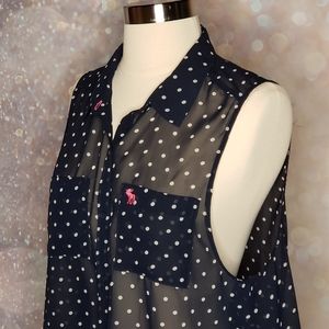 Abercrombie Navy/White Polka Dot Sheer Sleeveless Hem Cute Top Size M